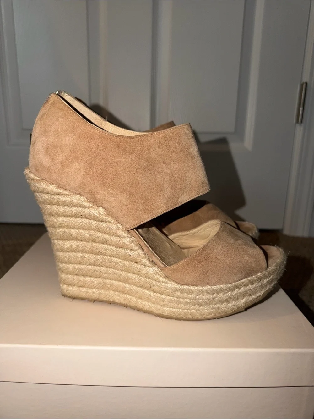 Jimmy Choo Suede 120mm Espadrille Platform Wedge Sandals Nude Tan Size [SIZE]